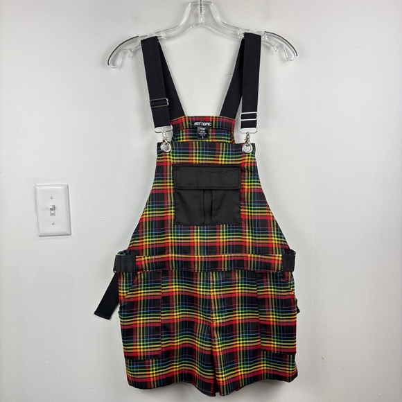 Hot Topic Rainbow Grid Colorful Plaid Utility Shortall Overalls - Picture 2 of 9